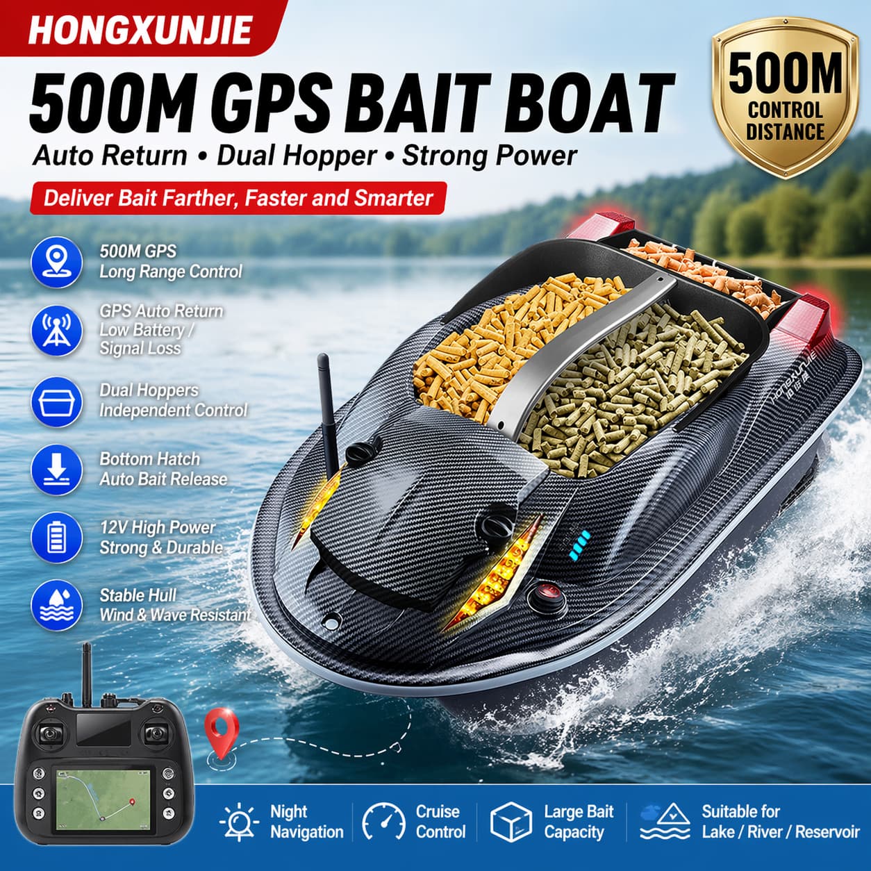Hongxunjie 500m GPS Bait Boat, Bottom Release Feeding Boat, 12V Auto-Return Lure Boat, Hook & Net Casting Boat